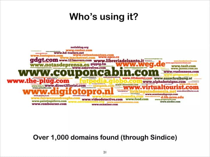 A slide containing a tag cloud showing website domain names. The different font-sizes of the domain names are related to the amount of schema.org statements the websites published.